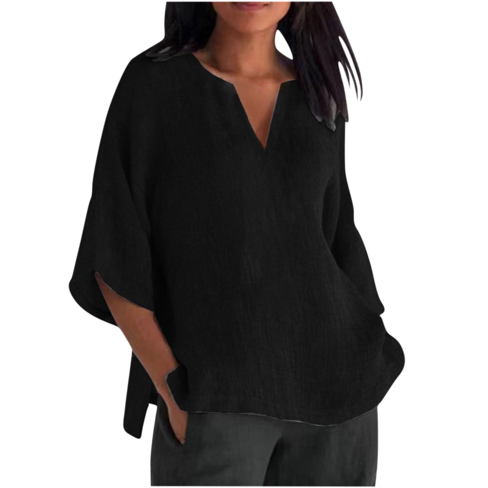 tklpehg 3/4 Sleeve Cotton Linen Tops for Women Casual Loose Fit