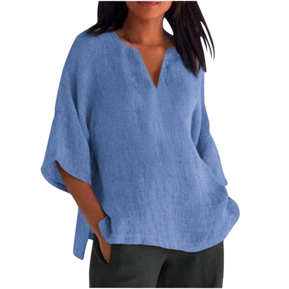 tklpehg 3/4 Sleeve Cotton Linen Tops for Women Casual Loose Fit Solid Color Shirts Fashion V-Neck Three-quarter Sleeve Blouses Sky Blue L