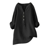 tklpehg 3/4 Sleeve Shirts for Women Button V Neck Loose Comfy Womens Tops Fall Clothes Mid Length Three Quarter Sleeve Tops Solid Color Black XL