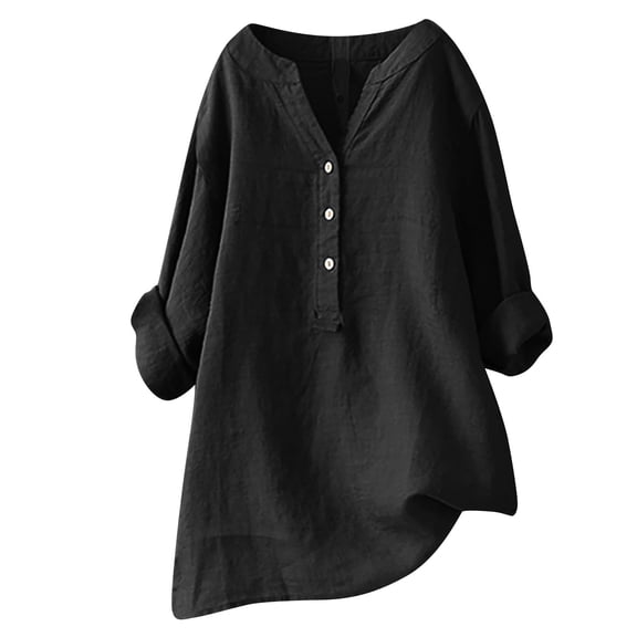 tklpehg 3/4 Sleeve Shirts for Women Button V Neck Loose Comfy Womens Tops Fall Clothes Mid Length Three Quarter Sleeve Tops Solid Color Black XXXL