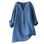 tklpehg 3/4 Sleeve Shirts for Women Button V Neck Loose Comfy Womens Tops Fall Clothes Mid Length Three Quarter Sleeve Tops Solid Color Blue XXXL