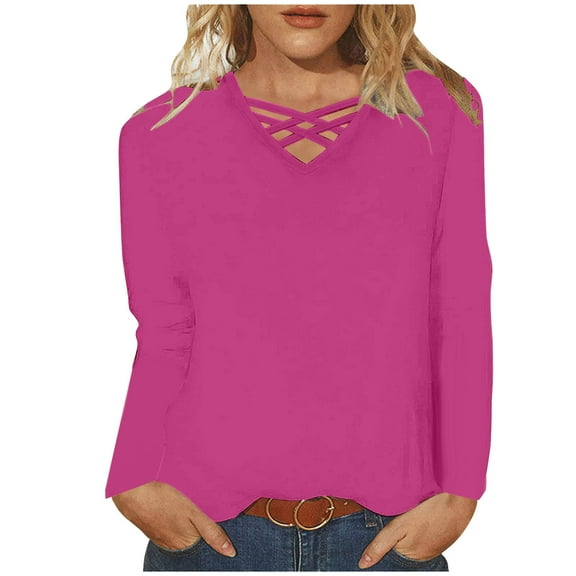tklpehg 3/4 Sleeve Shirts for Women Tunic Tops Casual Comfy Lightweight Going Out Tops V-Neck Loose Classic Solid Color Blouses (Hot Pink,M)