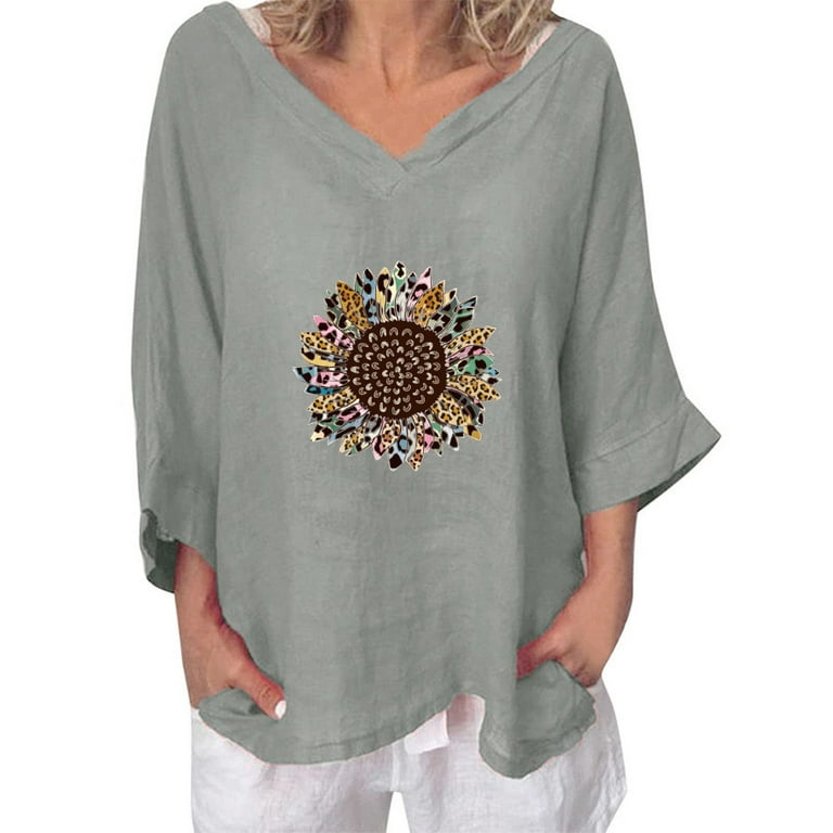 tklpehg Womens Tops Clearance 3/4 Sleeve Cotton and Linen Tunic