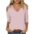 thumbnail image 1 of tklpehg 3/4 Sleeve Tops for Women V-Neck Cold Shoulder Tops Lightweight Fashion Print Casual Loose Going Out Tops Tunic Tops Comfy Blouses (Pink,L), 1 of 5