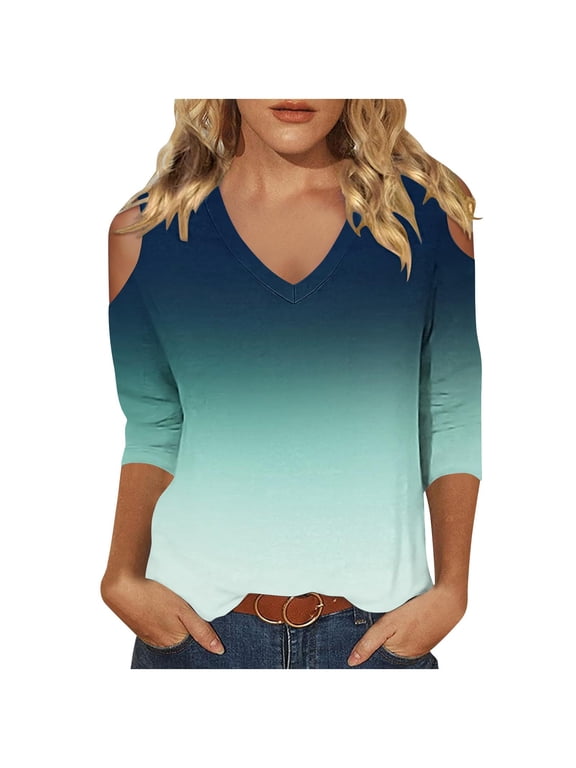 3/4 Sleeve Tunic Tops for Women Tunic Tops Casual Going Out Tops Comfy Lightweight V-Neck Cold Shoulder Tops Loose Gradient Color Blouses (Sky Blue,S)