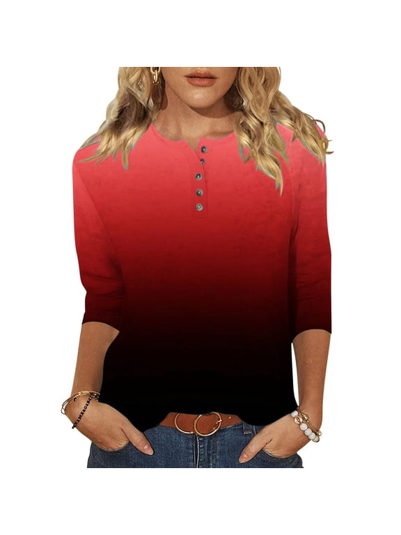 3/4 Sleeve Tunic Tops for Women Crewneck Loose Comfy Going Out Tops Tunic Tops Lightweight Casual Gradient Color Blouses (Red,M)