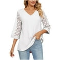 thumbnail image 1 of tklpehg 3/4 Sleeve Womens Tops Relaxed Fit Comfortable V Neck Three Quarter Sleeve Lace Flare Sleeve Shirts Leisure Solid Color Tunic Tops Blouse White 4(S), 1 of 6