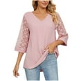 thumbnail image 1 of tklpehg 3/4 Sleeve Womens Tops Relaxed Fit Comfortable V Neck Three Quarter Sleeve Lace Flare Sleeve Shirts Leisure Solid Color Tunic Tops Blouse Pink 12(XXL), 1 of 6