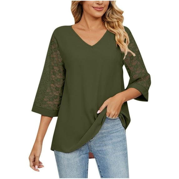 tklpehg 3/4 Sleeve Womens Tops Relaxed Fit Comfortable V Neck Three Quarter Sleeve Lace Flare Sleeve Shirts Leisure Solid Color Tunic Tops Blouse Army Green 6(M)