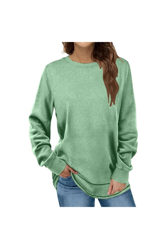 Autumn Winter Womens Sweatshirt Leisure Crewneck Solid Color Long Sleeve Tunic Tops To Wear with Leggings Long Comfy Loose Blouse Pullover Shirts Mint Green S