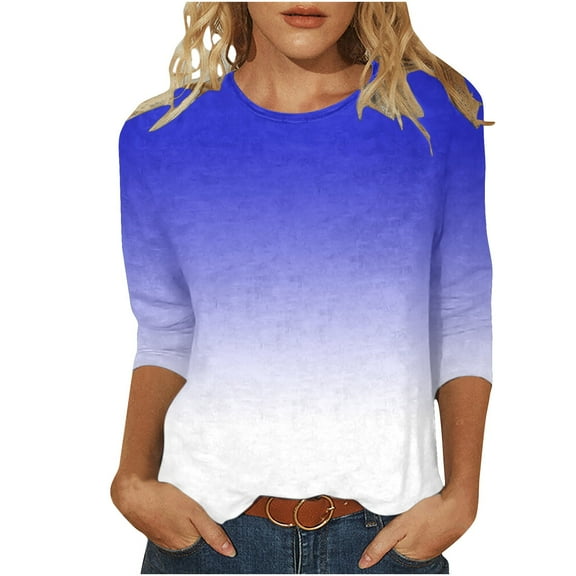 tklpehg Basic Tops for Women 3/4 Sleeve Tops Casual Loose Fall Shirts Fashion Gradient Print Crewneck Mid-length Sleeve Tee Shirts Lightweight Pullover Blue M