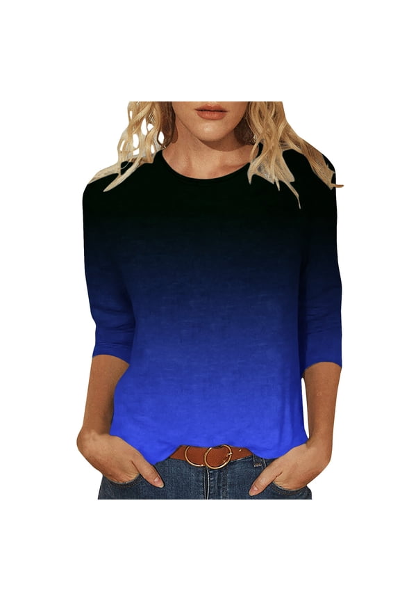 Basic Tops for Women 3/4 Sleeve Tops Casual Loose Fall Shirts Fashion Gradient Print Crewneck Mid-length Sleeve Tee Shirts Lightweight Pullover Dark Blue S