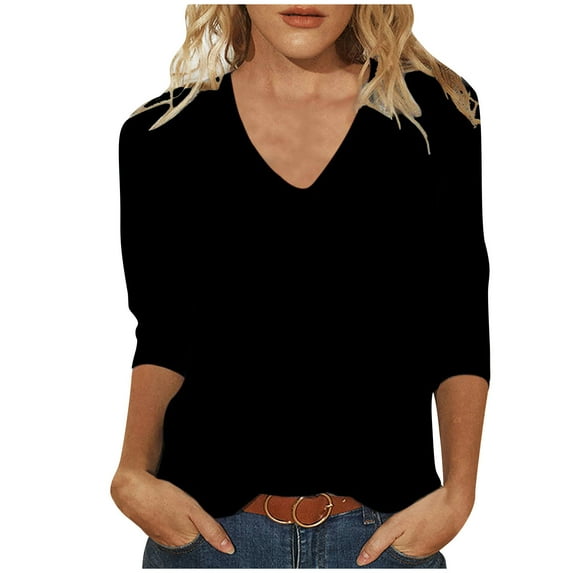 tklpehg Basic Tops for Women Fall Shirts V-Neck Three Quarter Sleeve Casual Loose Solid Color Fashion Lightweight 3/4 Sleeve Tops Pullover Black S