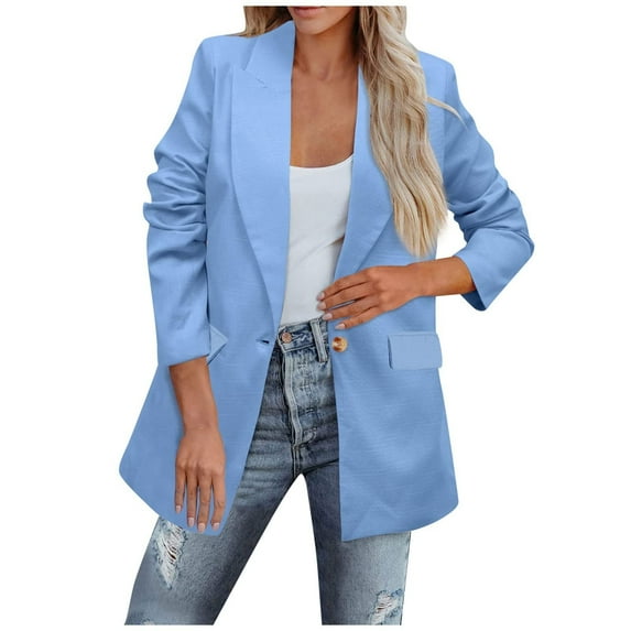 tklpehg Blazer Jackets for Women Long Sleeve Lapel Fashion Casual Pockets Long Sleeve Casual Solid Coat Cardigan Blouse Blue L