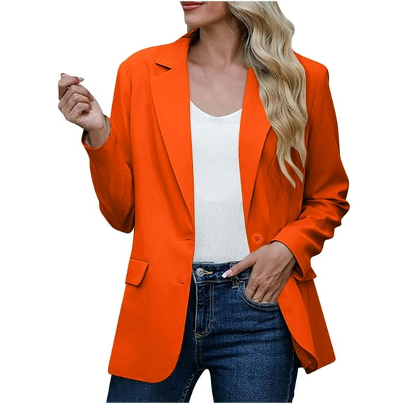 tklpehg Blazers Ffor Women Coats Bussiness Casual Blazers Button Open Front Coat Work Office Blazer Jacket Loose Leisure Solid Color Overcoat Fall Coat Long Sleeve Outwear Orange S