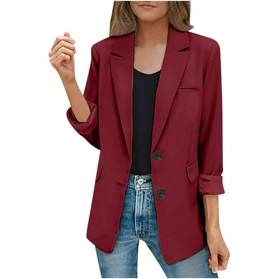 tklpehg Blazers Ffor Women Coats Bussiness Casual Blazers Button Work Office Blazer Jacket With Shoulder Pads Leisure Solid Color Fall Coat Long Sleeve Loose Overcoat Outwear Red XL