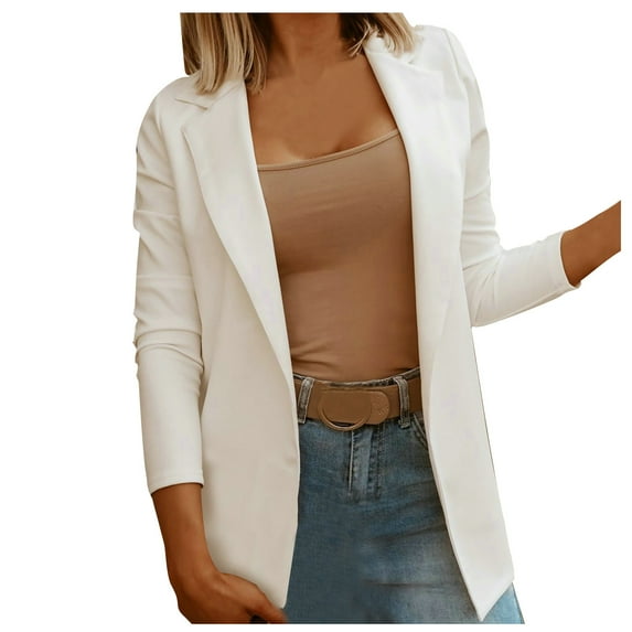 tklpehg Blazers for Women Casual Long Sleeve Lapel Open Front Pure Color Slim Comfy Lightweight Ladies Coats Tops White S