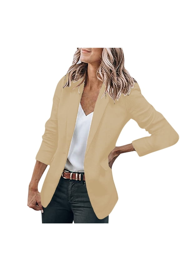 Blazers for Women Long Sleeve Lapel Solid Color Button Pocket Recreational Long Sleeve Suit Coat Tops Beige XXXL