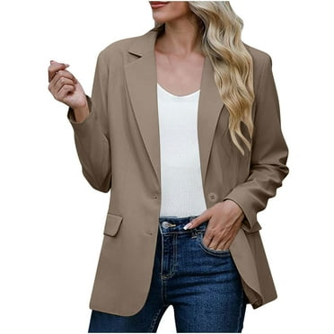 tklpehg Casual Blazer for Women Coats Open Front Bussiness Casual Blazers Work Office Blazer Jacket With Shoulder Pads Suits Long Sleeve Solid Color Outwear Khaki XXXL