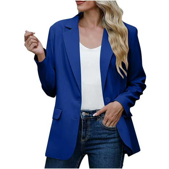 tklpehg Casual Blazer for Women Coats Open Front Bussiness Casual Blazers Work Office Blazer Jacket With Shoulder Pads Suits Long Sleeve Solid Color Outwear Navy M