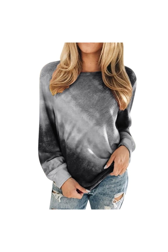 Casual Long Sleeve Shirts for Womens Long Sleeve Autumn Winter Graphic Tee Tie Dye Printed Crewneck Casual Loose Pullover Shirts Gray L