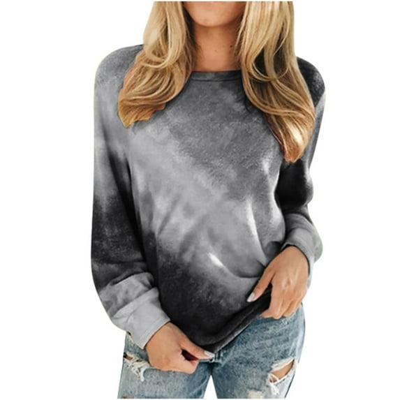 tklpehg Casual Long Sleeve Shirts for Womens Long Sleeve Autumn Winter Graphic Tee Tie Dye Printed Crewneck Casual Loose Pullover Shirts Gray XXL