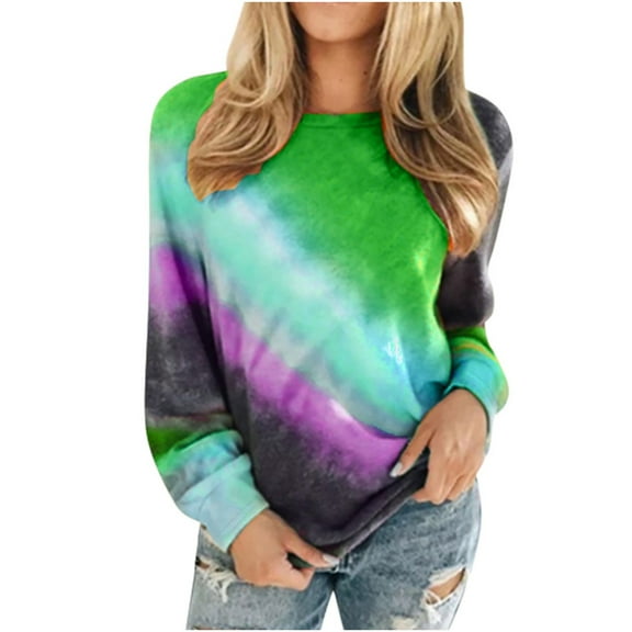 tklpehg Casual Long Sleeve Shirts for Womens Long Sleeve Autumn Winter Graphic Tee Tie Dye Printed Crewneck Casual Loose Pullover Shirts Green M
