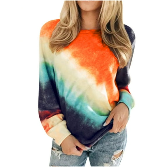 tklpehg Casual Long Sleeve Shirts for Womens Long Sleeve Autumn Winter Graphic Tee Tie Dye Printed Crewneck Casual Loose Pullover Shirts Orange XL
