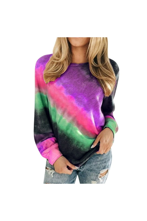 Casual Long Sleeve Shirts for Womens Long Sleeve Autumn Winter Graphic Tee Tie Dye Printed Crewneck Casual Loose Pullover Shirts Purple L