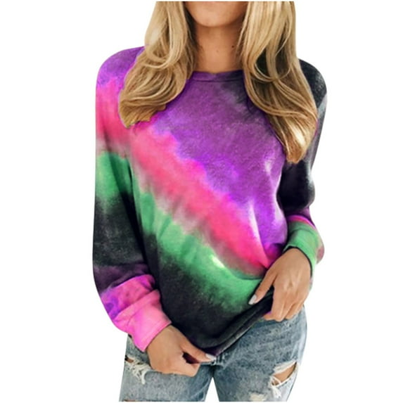 tklpehg Casual Long Sleeve Shirts for Womens Long Sleeve Autumn Winter Graphic Tee Tie Dye Printed Crewneck Casual Loose Pullover Shirts Purple L
