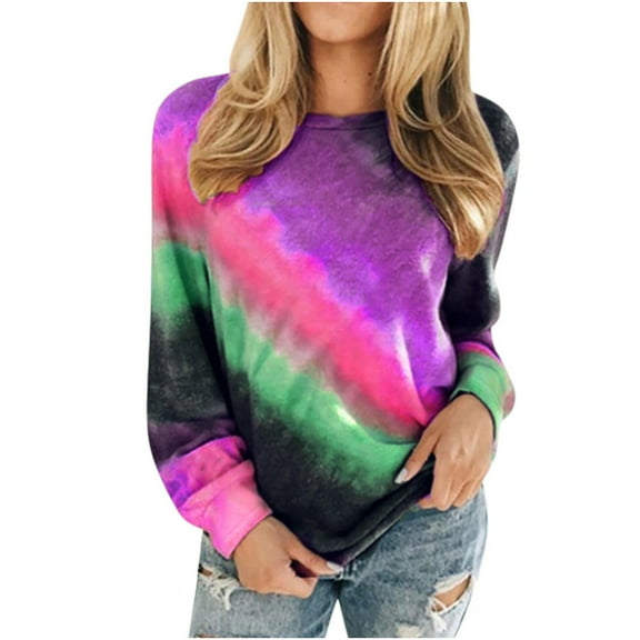 tklpehg Casual Long Sleeve Shirts for Womens Long Sleeve Autumn Winter Graphic Tee Tie Dye Printed Crewneck Casual Loose Pullover Shirts Purple L