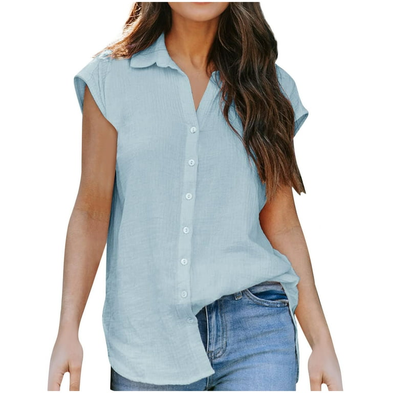 tklpehg Casual Tops for Women Clearance Ladies Tops Summer Shirts Short Sleeve T Shirts Button Lapel Solid Color Relaxed Fit Blouses Light Blue 8 L