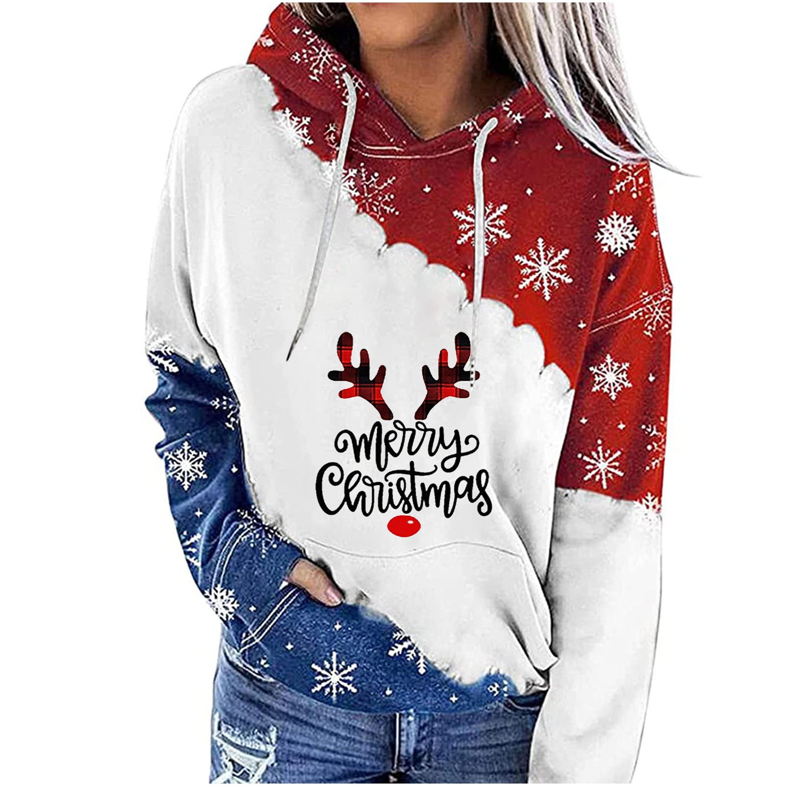 Olyvenn Womens Christmas Drawstring Hoodie Sweatshirts Lantern Sleeve Long Sleeve Pullover Funny Snowflake Bomb Print Tees Fashion Hooded Neck Tops