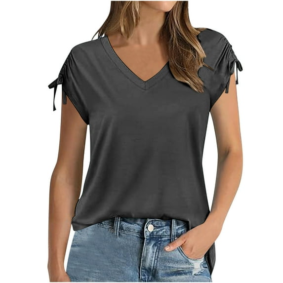 tklpehg Clearance Womens Tops Going Out Tops Lightweight Loose Blouses Vintage Solid Color V-Neck Cap Sleeve Bandage Tops Casual Short Sleeve Tee Shirt Summer Tshirt (Gray,XL)