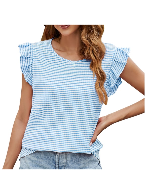 Womens Tops Short Sleeve Tee Shirt Vintage Solid Color Summer Going Out Tops Lightweight Loose Blouses Casual Crewneck Ruffle Sleeve Elegan Tshirt (Blue,S)