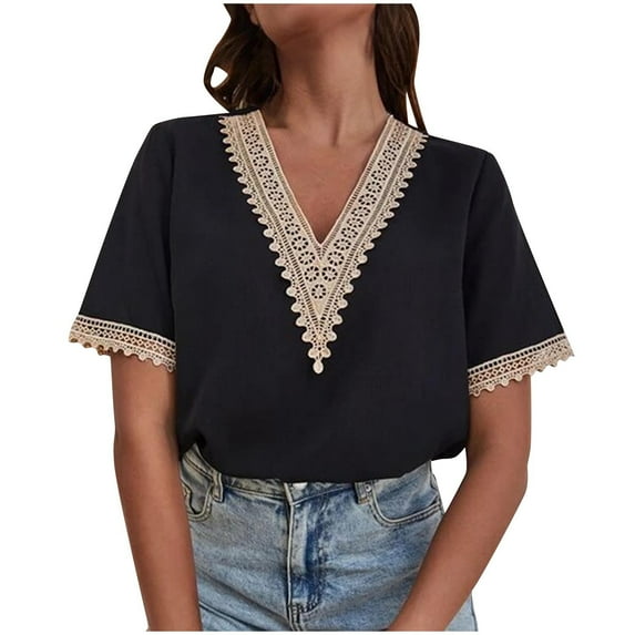 tklpehg Clearance Womens Tops V-Neck Crochet Lace Trim Patchwork Shirts Short Sleeve Tee Shirt Vintage Solid Color Summer Going Out Tops Lightweight Loose Blouses Casual Tshirt (Black,M)