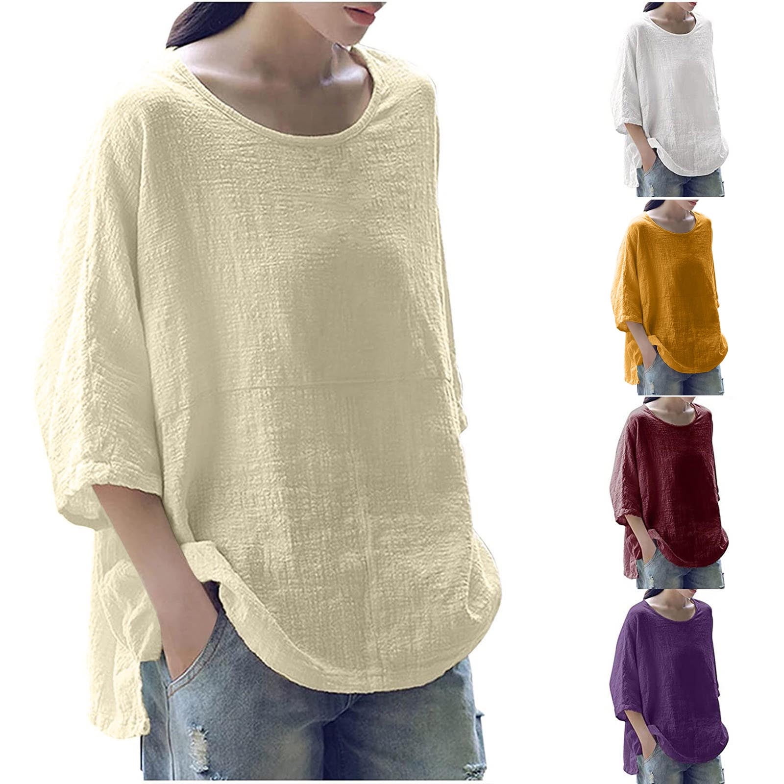 Cotton 3/4 Sleeve Shirts for Women Fall Clothes Womens Tops Solid Color Loose Mid Length Three Quarter Sleeve Tops Round Neck Three Quarter Sleeve Cotton Tops White M