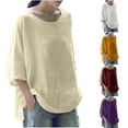 thumbnail image 1 of tklpehg Cotton 3/4 Sleeve Shirts for Women Fall Clothes Womens Tops Solid Color Loose Mid Length Three Quarter Sleeve Tops Round Neck Three Quarter Sleeve Cotton Tops Beige S, 1 of 4