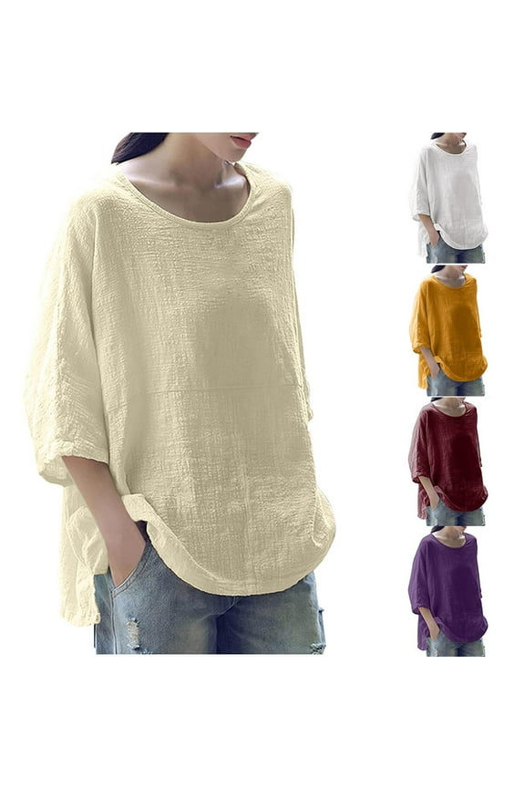 Cotton 3/4 Sleeve Shirts for Women Fall Clothes Womens Tops Solid Color Loose Mid Length Three Quarter Sleeve Tops Round Neck Three Quarter Sleeve Cotton Tops White XL