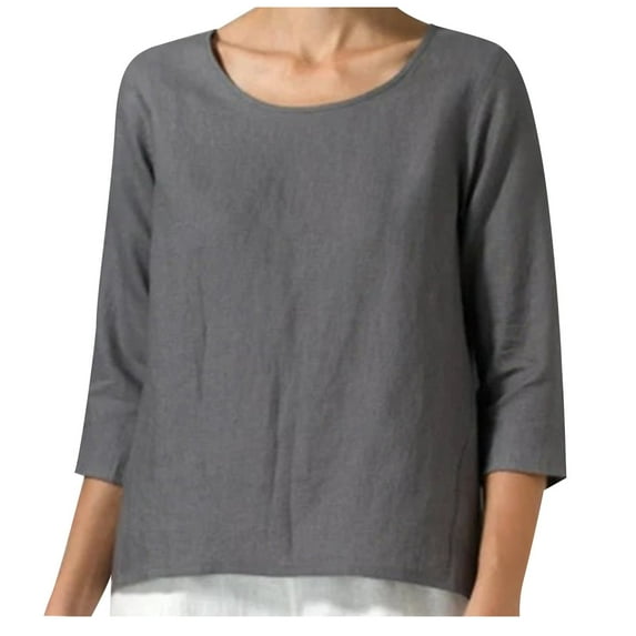tklpehg Cotton Linen Shirts for Women Summer Half Sleeve Crewneck Solid Color Tops Casual Loose Fit Lightweight Blouses Gray XXL