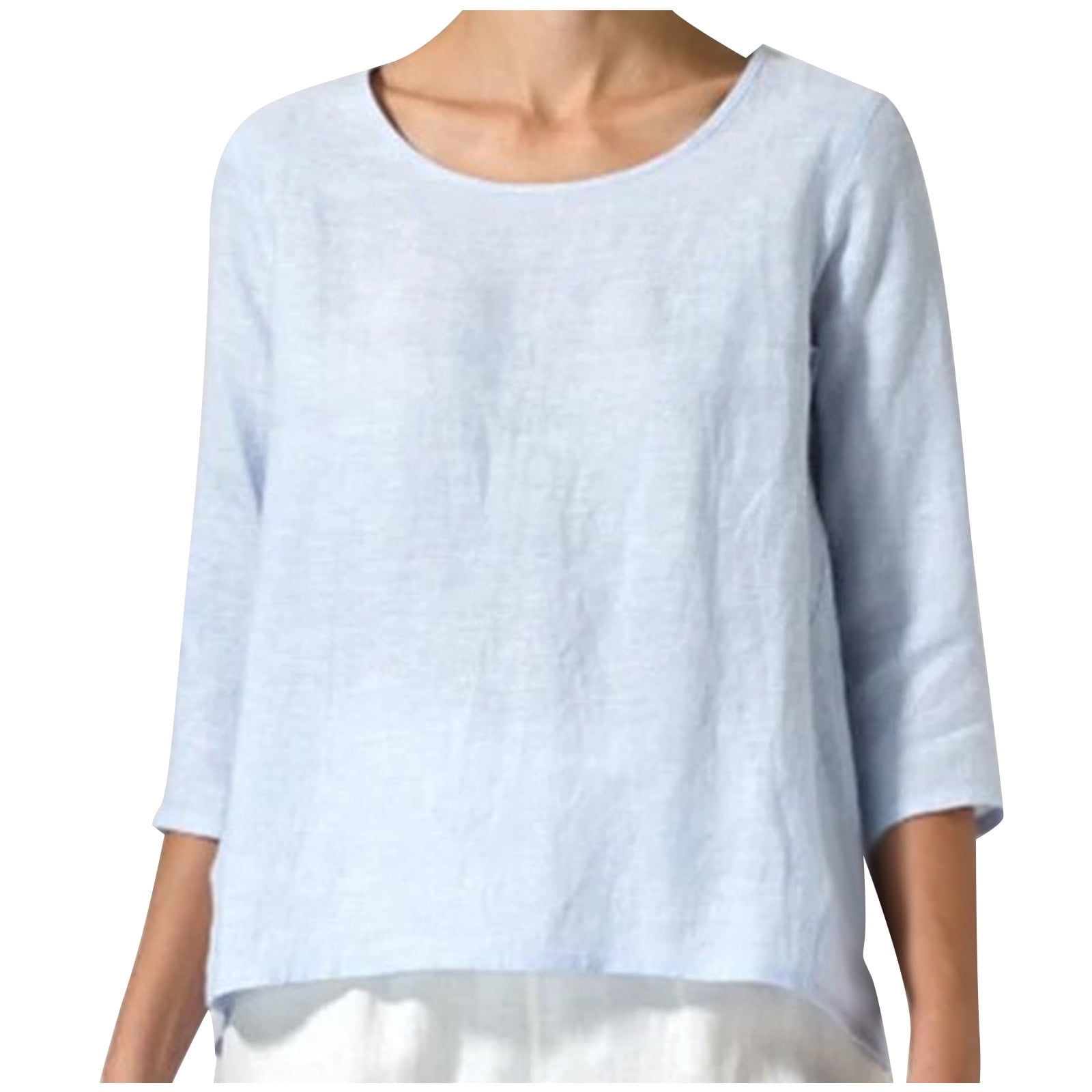 tklpehg Cotton Linen Shirts for Women Summer Half Sleeve Crewneck Solid ...