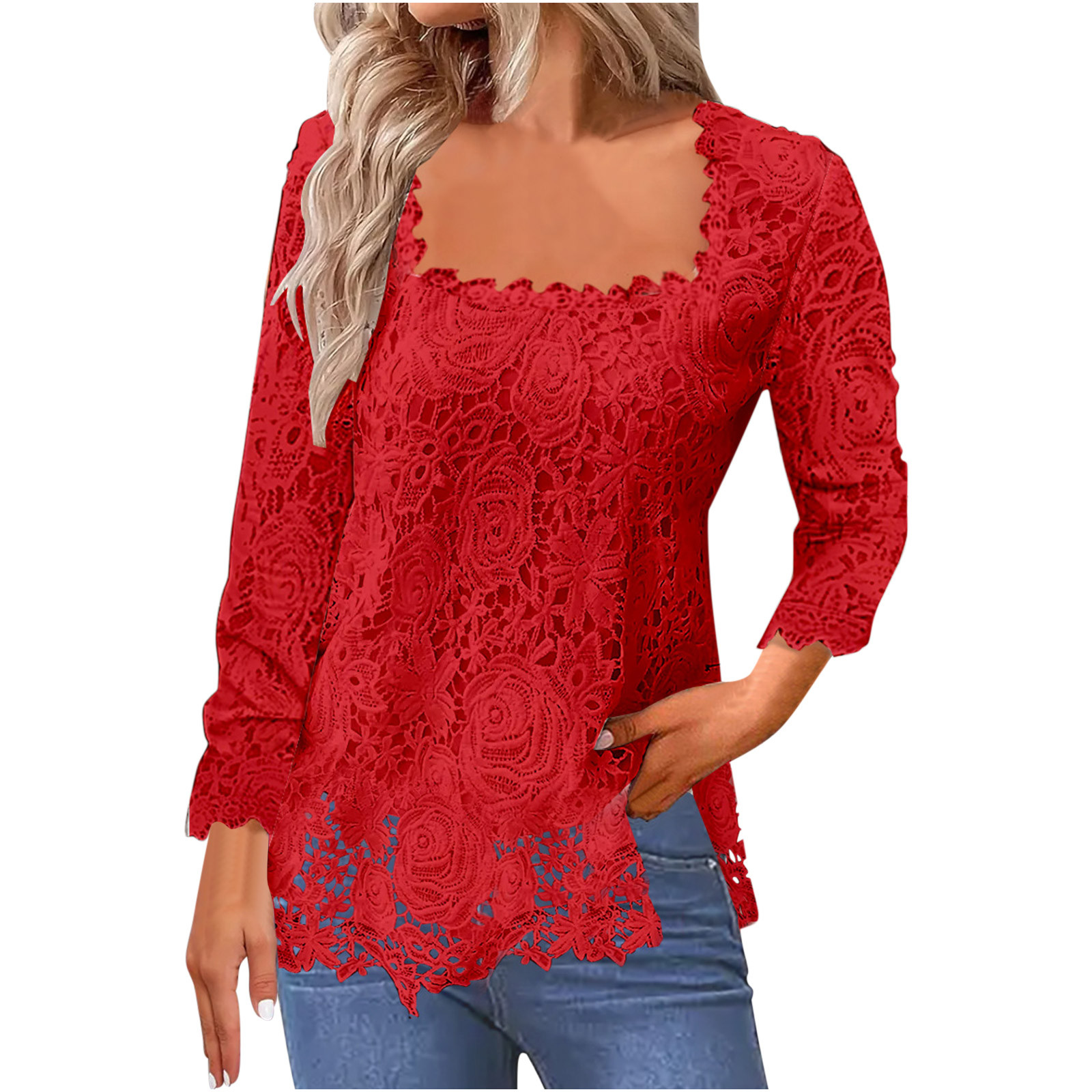 Tklpehg Dressy Tops For Women Lace Slim Blouse Square Neck Solid Color Tklpehg Dressy Tops For Women Lace Slim Blouse Square Neck Solid Color
