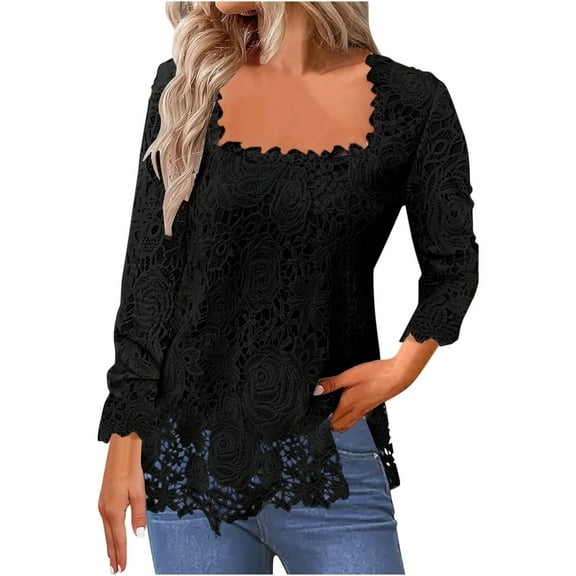 tklpehg Dressy Tops for Women Lace Slim Blouse Square Neck Solid Color Womens Long Sleeve Tops Casual Elegant Tunic Tops Women's Fall Tops (Black_A,M)