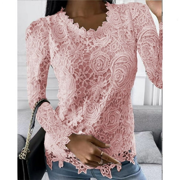 Tklpehg Dressy Tops for Women Lace Slim Fit Blouse Round Neck Solid Color Womens Long Sleeve Tops Casual Elegant Tunic Tops Women s Fall Tops Pink