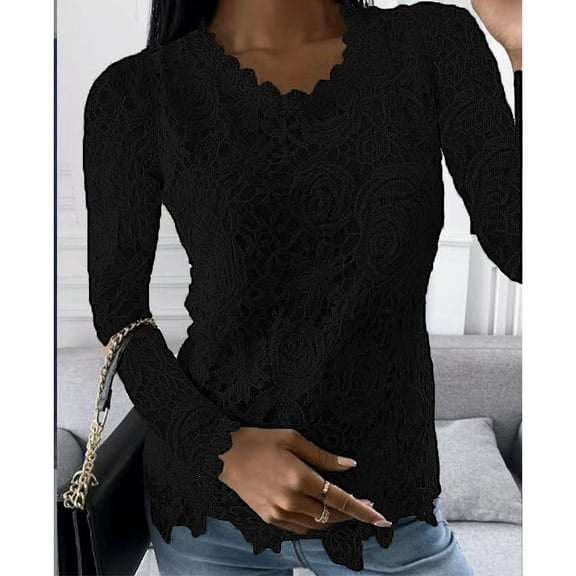 tklpehg Dressy Tops for Women Lace Slim Fit Blouse Round Neck Solid Color Womens Long Sleeve Tops Casual Elegant Tunic Tops Women's Fall Tops Black XXXXL