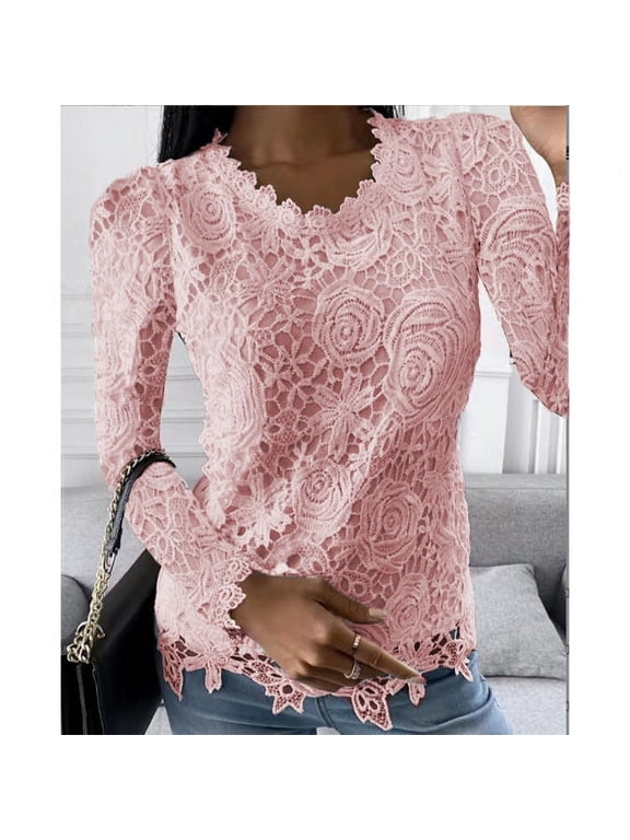 Dressy Tops for Women Lace Slim Fit Blouse Round Neck Solid Color Womens Long Sleeve Tops Casual Elegant Tunic Tops Women's Fall Tops Blue XXL