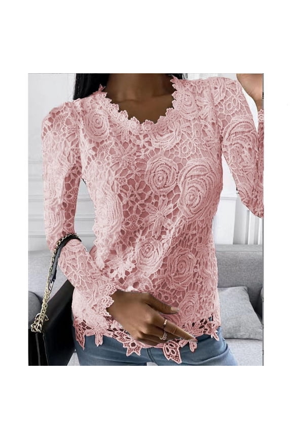 Dressy Tops for Women Lace Slim Fit Blouse Round Neck Solid Color Womens Long Sleeve Tops Casual Elegant Tunic Tops Women's Fall Tops Blue XXL