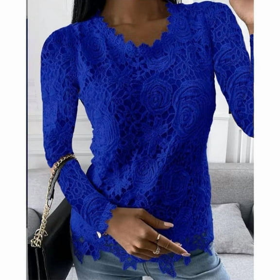 tklpehg Dressy Tops for Women Lace Slim Fit Blouse Round Neck Solid Color Womens Long Sleeve Tops Casual Elegant Tunic Tops Women's Fall Tops Blue XXXL