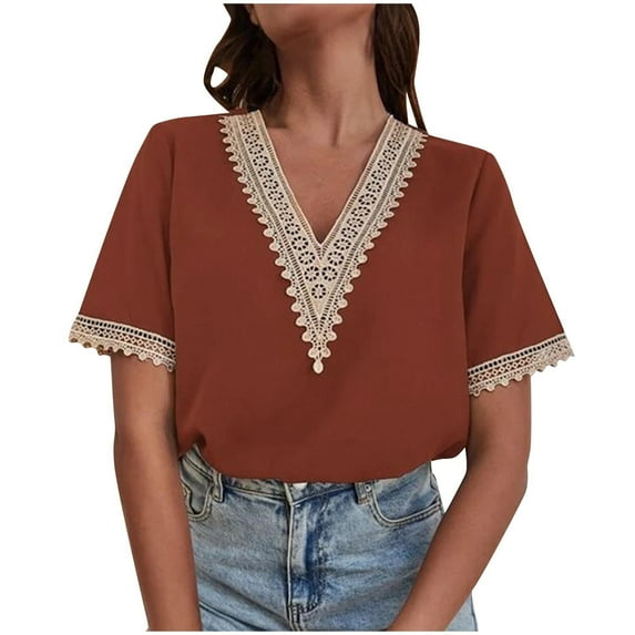 tklpehg Dressy Tops for Women V-Neck Crochet Lace Trim Patchwork Shirts Short Sleeve Tee Shirt Vintage Solid Color Summer Going Out Tops Lightweight Loose Blouses Casual Tshirt (Brown,XL)