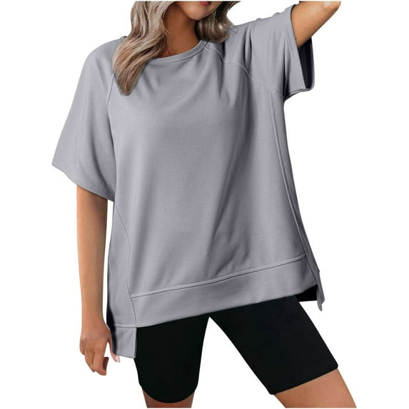 tklpehg Dressy Tops for Women Vintage Solid Color Going Out Tops Lightweight Loose Blouses Casual Short Sleeve Tee Shirt Crewneck Irregular Hem Tops Summer Tshirt (Gray,XL)
